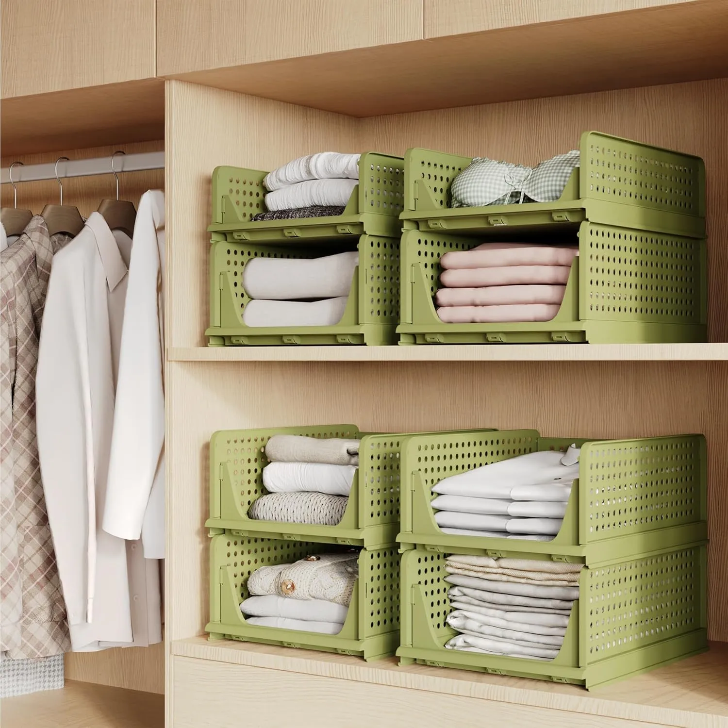 Pinkpum Stackable Plastic Storage Basket, Foldable Closet Organizers and Storage Bins 4 Pack Drawer Shelf Storage Container for Wardrobe Kitchen Bathroom Office Dorm Fern Green