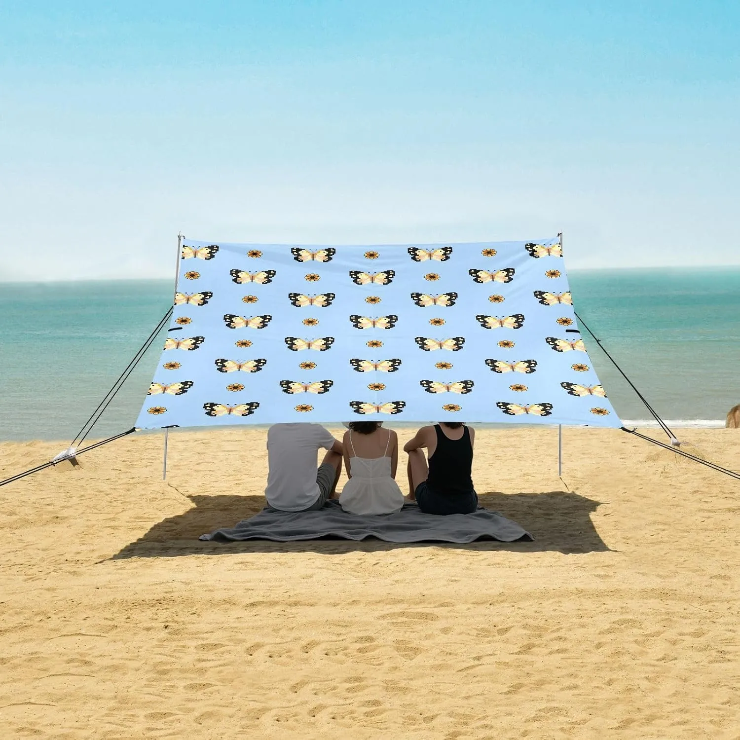 Pixel Art Butterfly Pattern Beach Canopy Tent Anti-UV & Wind Resistant, Camping Sun Shelter Easy Setup Portable,Outdoor Shade Tents with Sandbags,Sand Shovels,Ground Pegs & Stability Poles