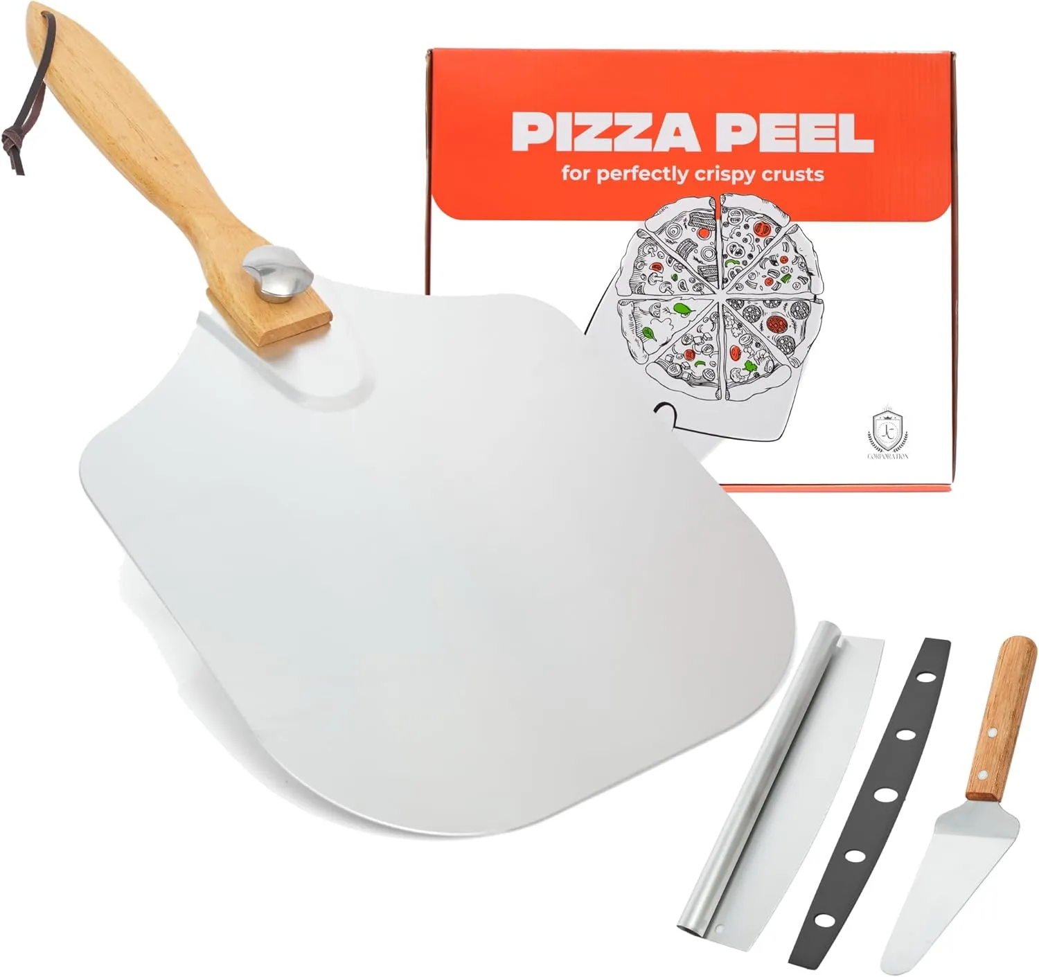 Pizza Peel Aluminum Pizza Spatula 12 x 14 inch with Foldable Wooden Handle Pizza Cutter Rocker with Blade Cover – Perfect Pizza Oven Accessories for Indoor & Outdoor Use, Pizza Lovers Gift
