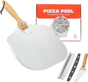 Pizza Peel Aluminum Pizza Spatula 12 x 14 inch with Foldable Wooden Handle Pizza Cutter Rocker with Blade Cover – Perfect Pizza Oven Accessories for Indoor & Outdoor Use, Pizza Lovers Gift