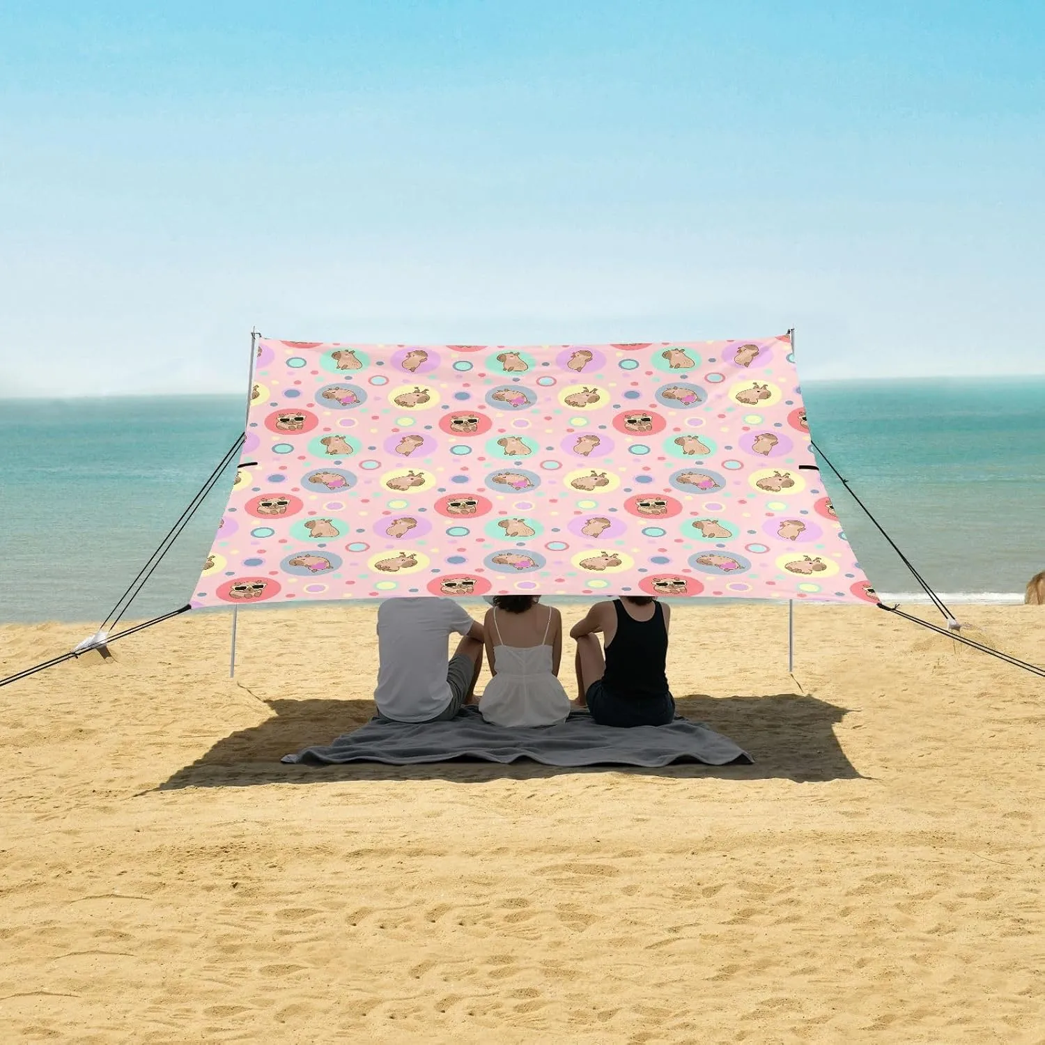 Playful Capybara Pattern Beach Canopy Tent Anti-UV & Wind Resistant, Camping Sun Shelter Easy Setup Portable,Outdoor Shade Tents with Sandbags,Sand Shovels,Ground Pegs & Stability Poles