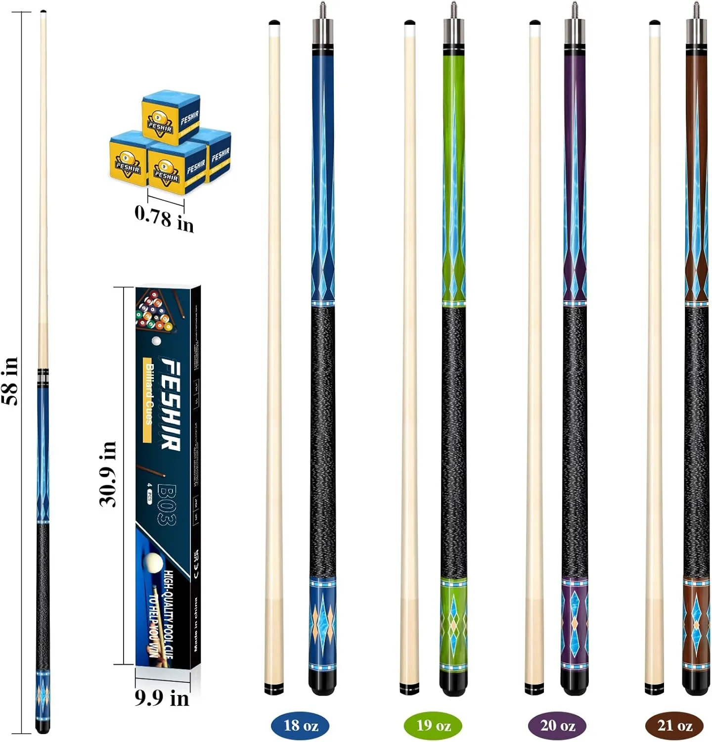 Pool Stick Set of 4,Pool Cues Sticks Made of Premium Maple Wood, Includes 4 Extra Billiard Chalk for Pool Cues, 58" Billiard House Bar Pool Cue Sticks for Professional Billiard Players