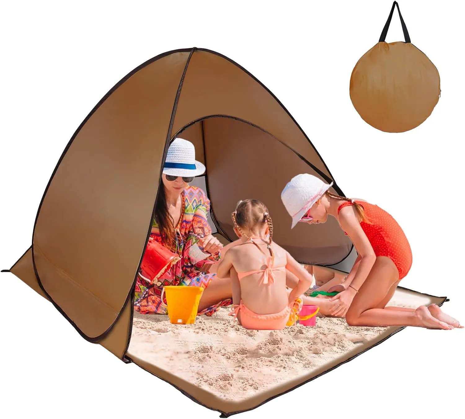 Pop Up Beach Tent, Anti UV Automatic Sun Shelter Umbrella, Portable Sun Shade Shelter for 2-3 People, Outdoor Instant Pop Up Beach Shade Tent with Carrying Bag, Brown