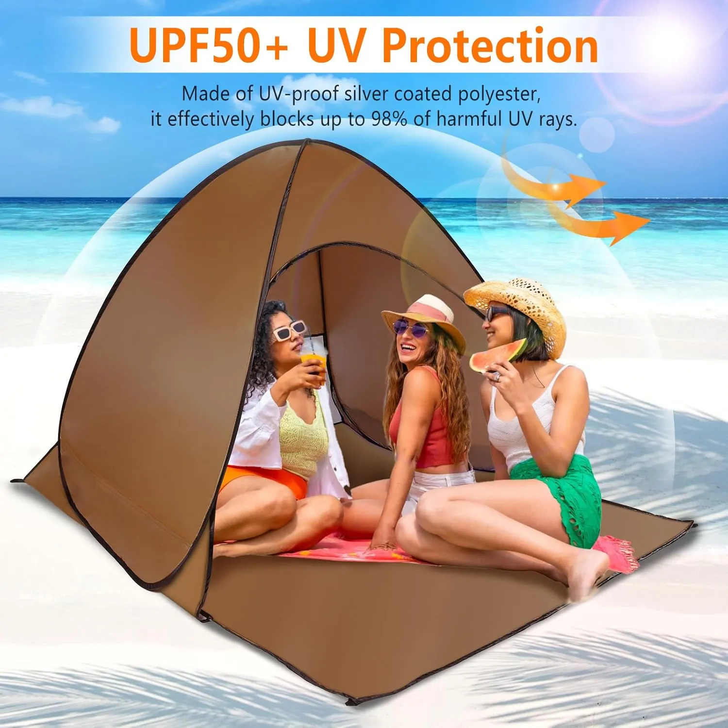 Pop Up Beach Tent, Anti UV Automatic Sun Shelter Umbrella, Portable Sun Shade Shelter for 2-3 People, Outdoor Instant Pop Up Beach Shade Tent with Carrying Bag, Brown