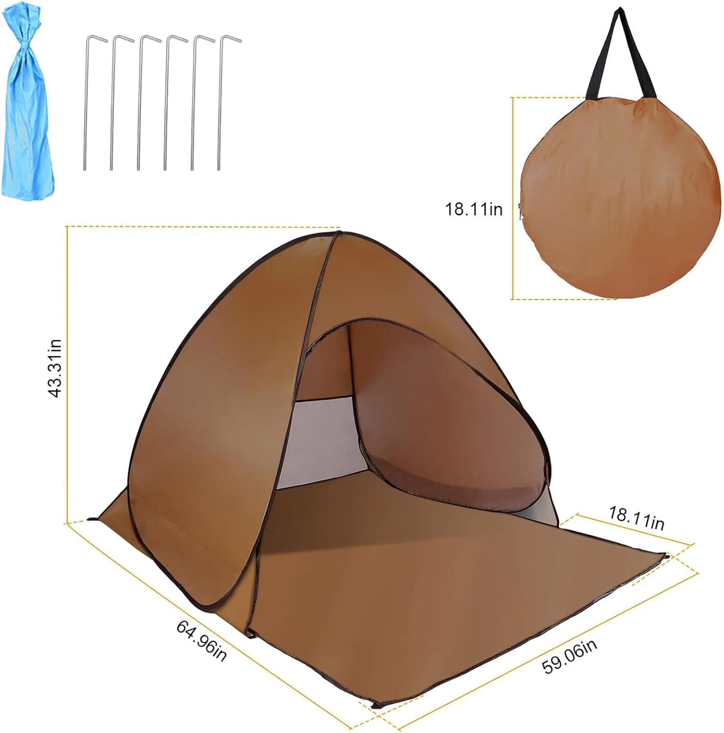 Pop Up Beach Tent, Anti UV Automatic Sun Shelter Umbrella, Portable Sun Shade Shelter for 2-3 People, Outdoor Instant Pop Up Beach Shade Tent with Carrying Bag, Brown
