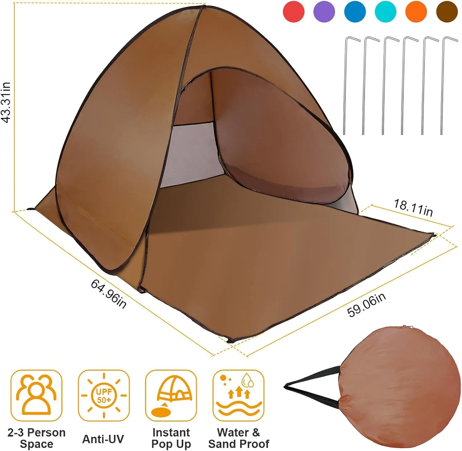 Pop Up Beach Tent, Anti UV Automatic Sun Shelter Umbrella, Portable Sun Shade Shelter for 2-3 People, Outdoor Instant Pop Up Beach Shade Tent with Carrying Bag, Brown
