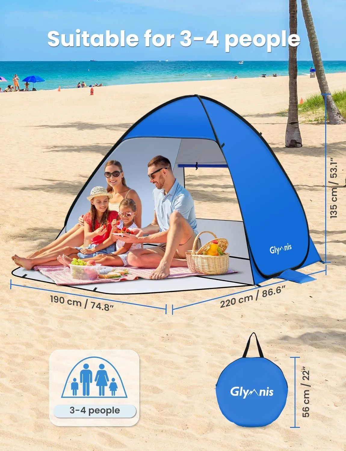 Pop Up Beach Tent Beach Shade Tent for 1-4 Persons Sun Shelter UPF 50  Enclose Zipper Door Portable Easy Up Beach Tent
