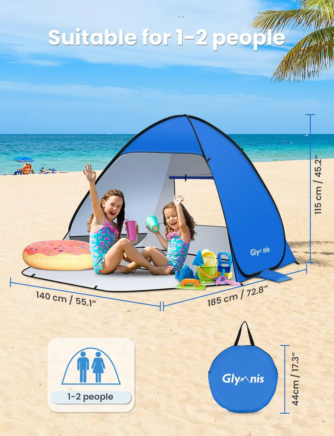 Pop Up Beach Tent Beach Shade Tent for 1-4 Persons Sun Shelter UPF 50  Enclose Zipper Door Portable Easy Up Beach Tent