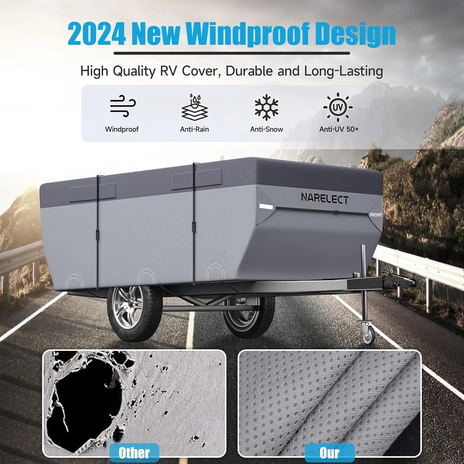 Pop up Camper Cover 14'-16' Tent Trailer Cover 7 Layers Top Waterproof Anti-UV Ripstop Folding Camper Covers Heavy Duty All Season Protection with Windproof Strap