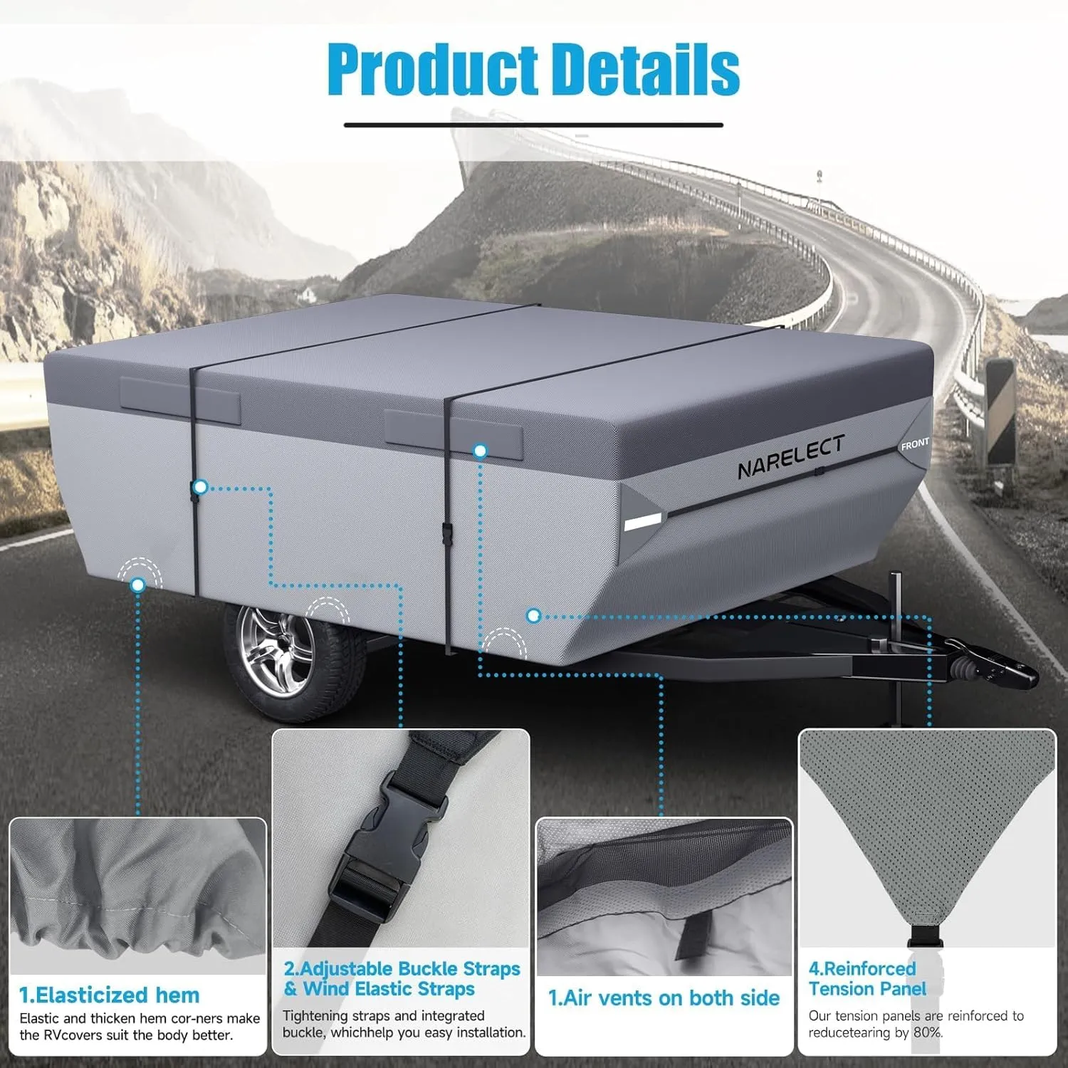 Pop up Camper Cover 14'-16' Tent Trailer Cover 7 Layers Top Waterproof Anti-UV Ripstop Folding Camper Covers Heavy Duty All Season Protection with Windproof Strap