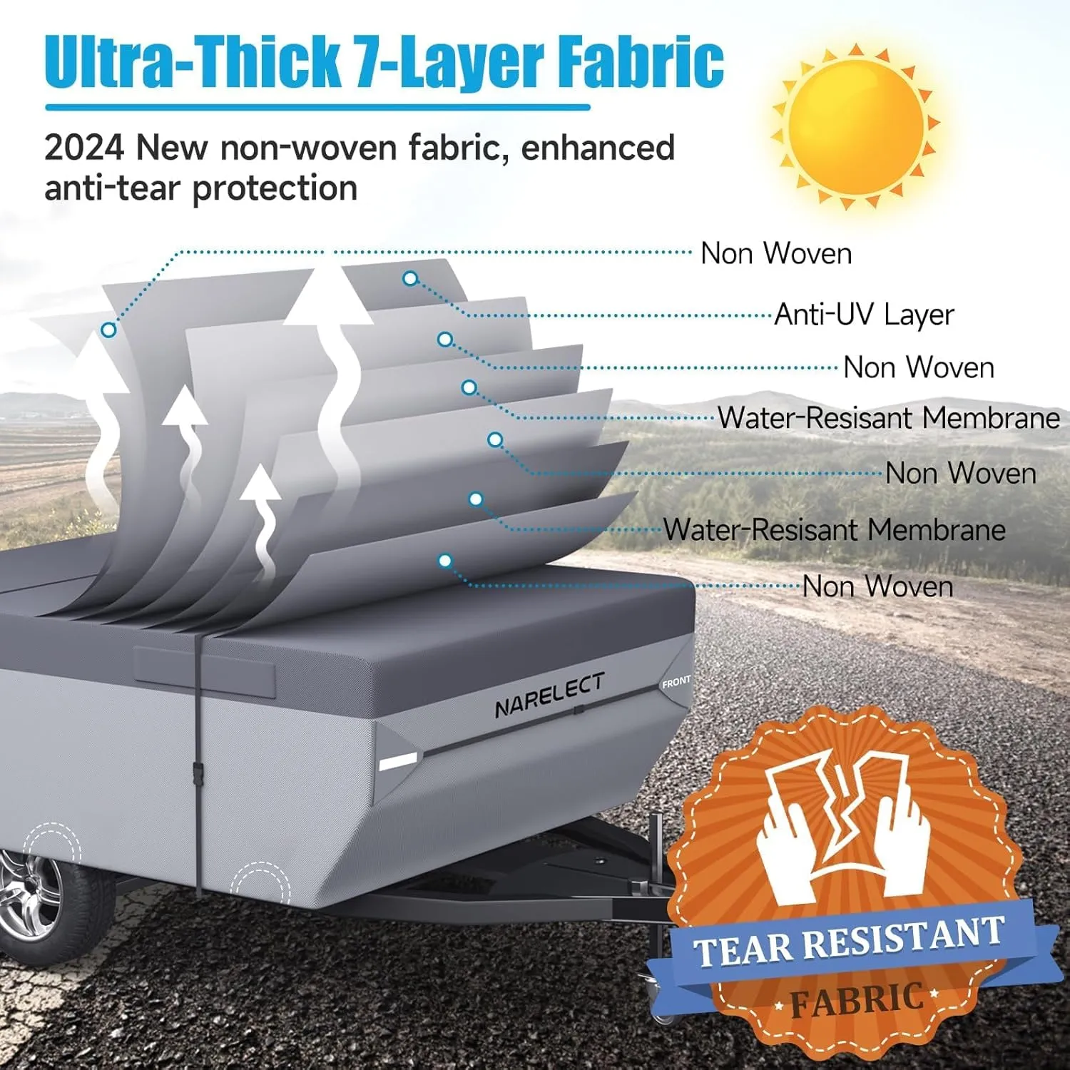 Pop up Camper Cover 14'-16' Tent Trailer Cover 7 Layers Top Waterproof Anti-UV Ripstop Folding Camper Covers Heavy Duty All Season Protection with Windproof Strap