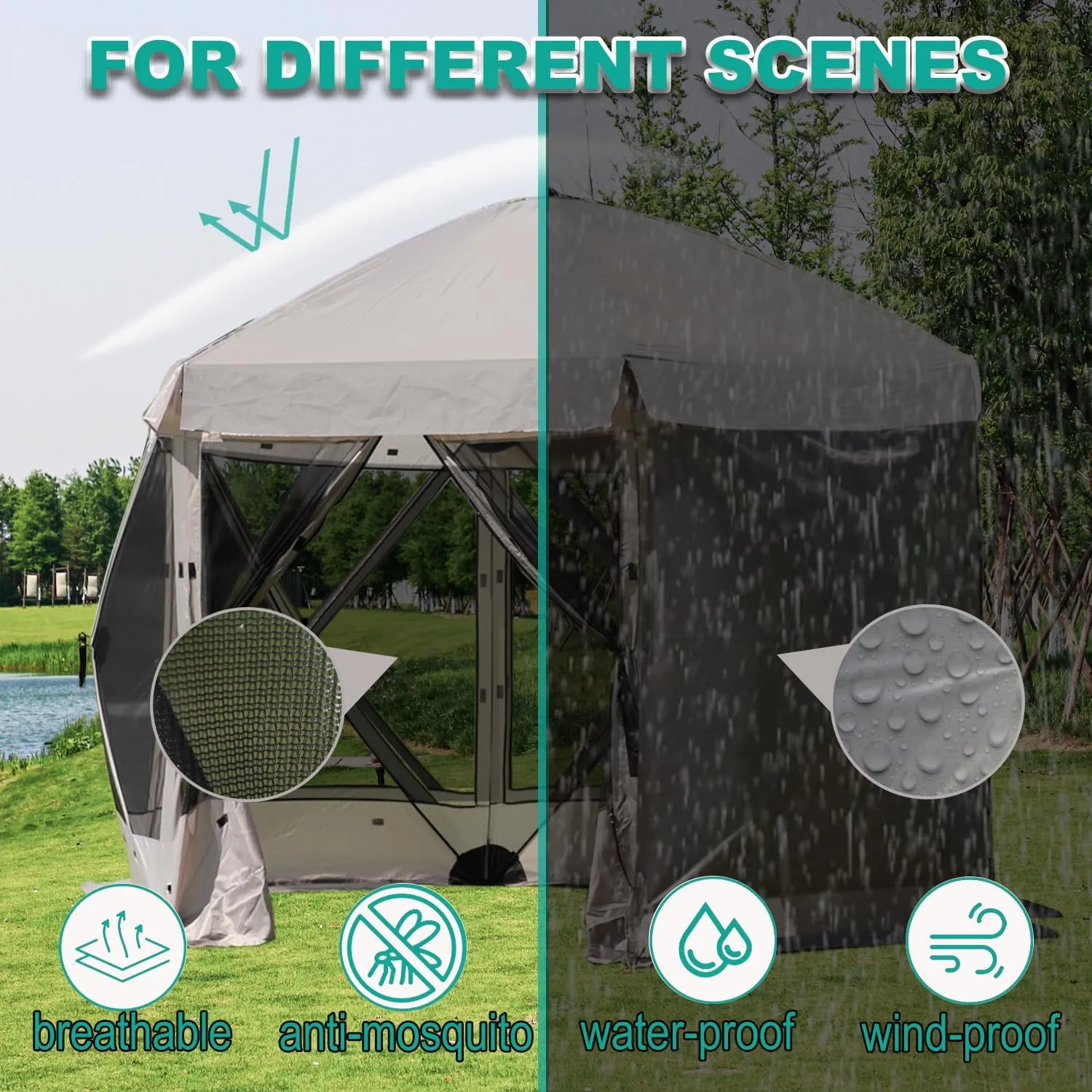 Pop Up Screen Tent, 12'x12' Windproof & UV Protection Sun Shelter, Portable Instant Setup, 6-Sided Screen Tent for Picnic, Camping, Backyard, Outdoor (Grey)