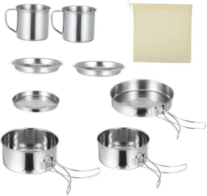 POPETPOP Outdoor Cooking Kit 8-Piece Camping Cookware Set Frying Pan Bowl Portable for Hiking BBQ