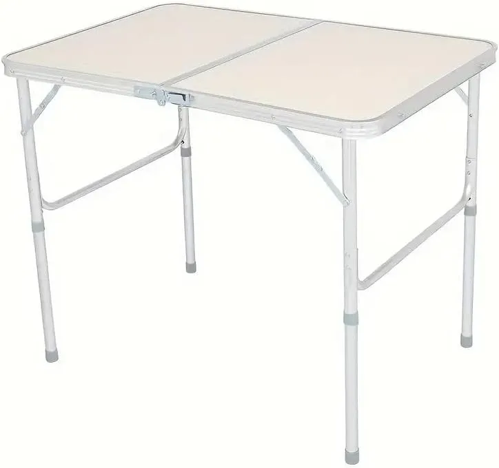 Portable and Adjustable Small Outdoor Folding Table for Camping & Picnics, Lightweight Aluminum with Water-Resistant Top, Beige and Silver Gray