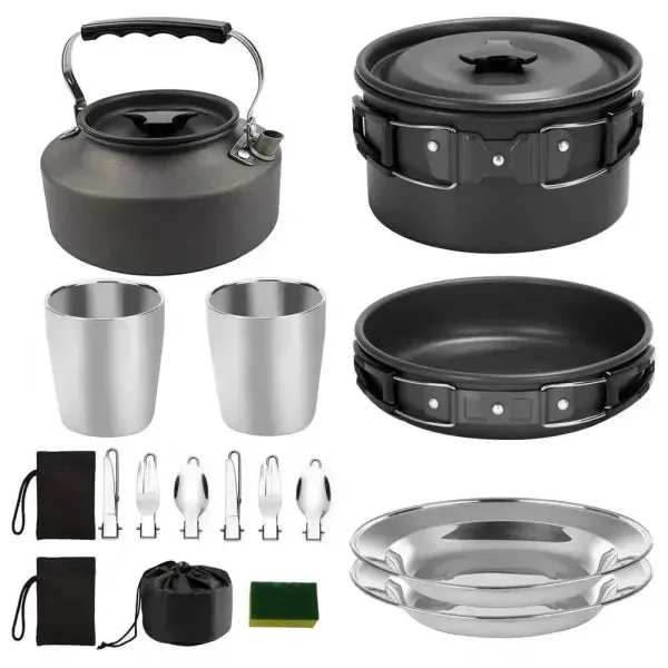 Portable Camp Cookware Set with Pot Pan Cup and Teapot for Outdoors