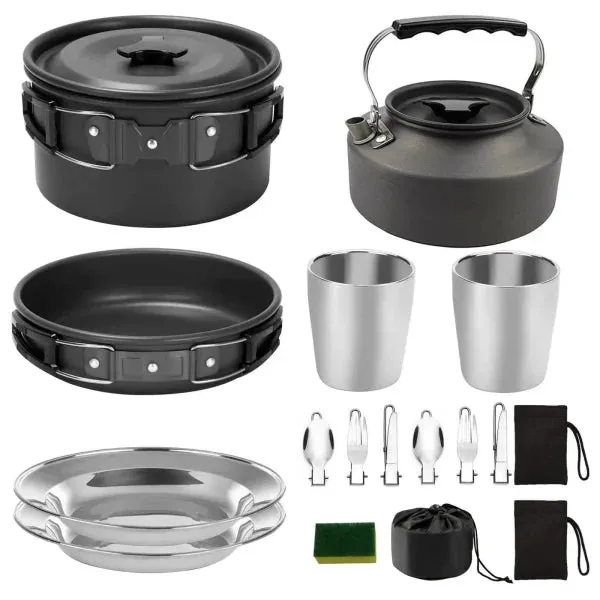Portable Camp Cookware Set with Pot Pan Cup and Teapot for Outdoors