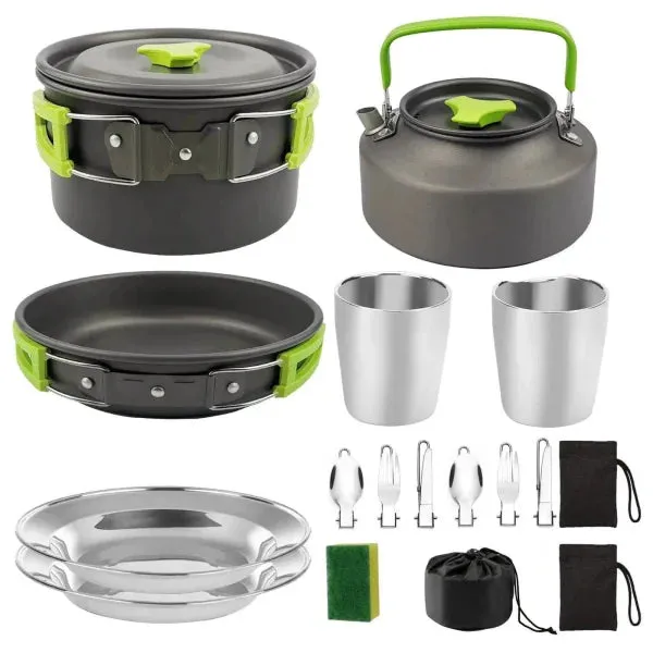 Portable Camp Cookware Set with Pot Pan Cup and Teapot for Outdoors