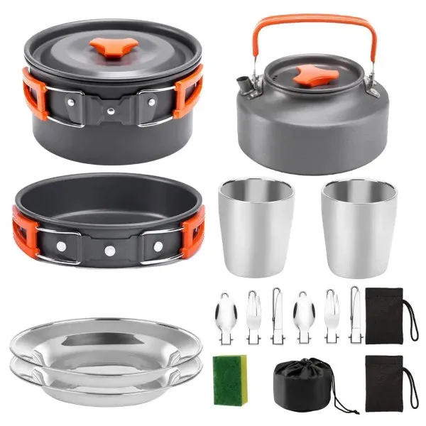 Portable Camp Cookware Set with Pot Pan Cup and Teapot for Outdoors