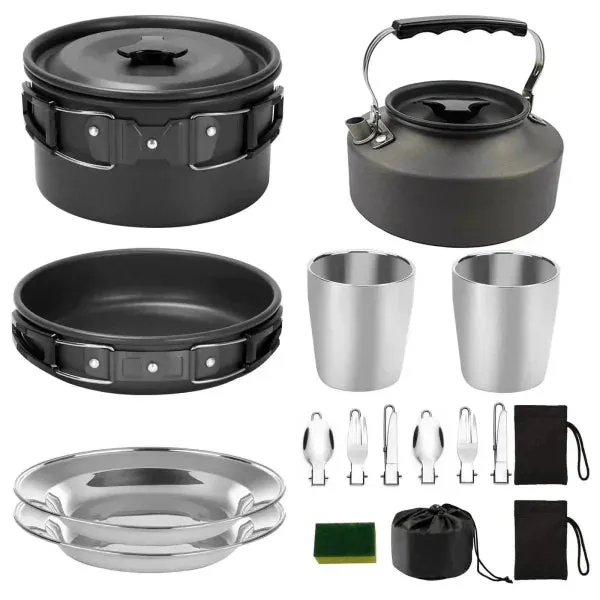 Portable Camp Cookware Set with Pot Pan Cup and Teapot for Outdoors