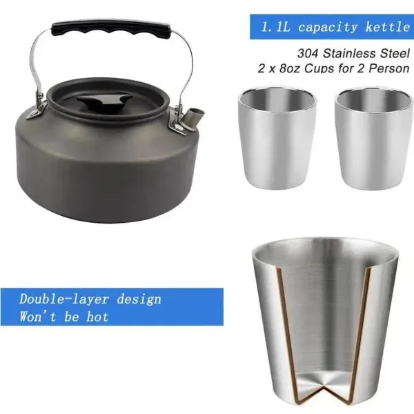 Portable Camp Cookware Set with Pot Pan Cup and Teapot for Outdoors