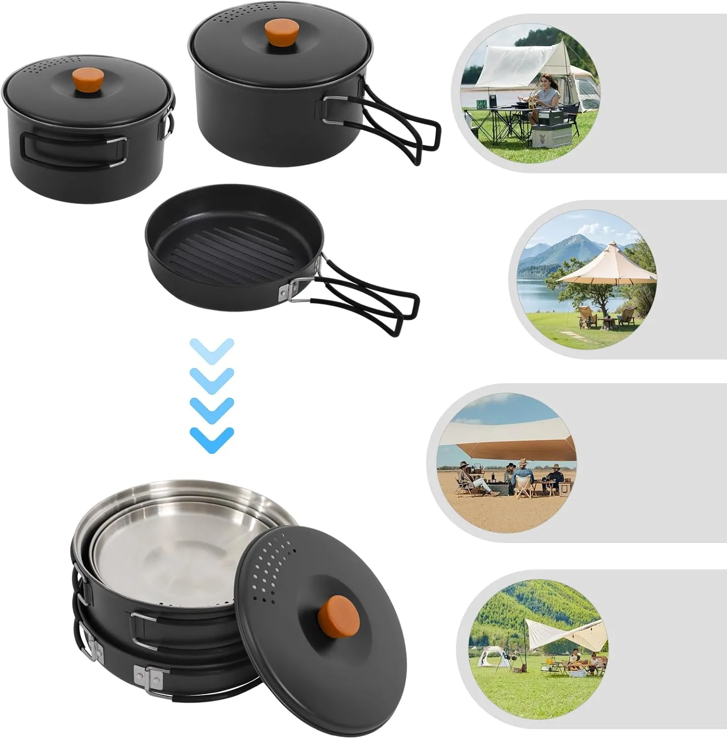 Portable Camping Cookware Set, 304 Stainless Steel Outdoor Camping Cooking Pots and Pans with Storage Bag, Outdoors Campfire Cook Cookware Equipment for Outdoor Camping Hiking Picnic for 2-3