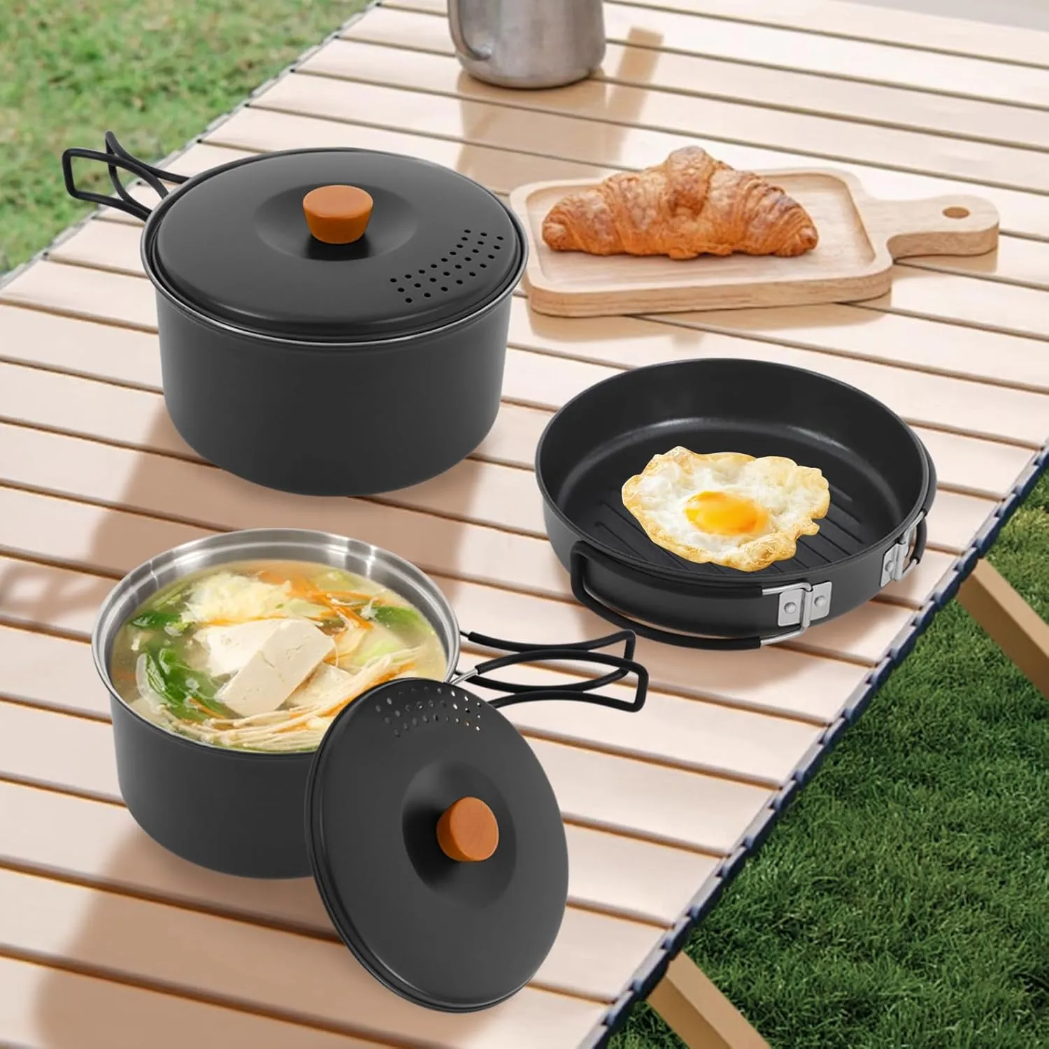 Portable Camping Cookware Set, 304 Stainless Steel Outdoor Camping Cooking Pots and Pans with Storage Bag, Outdoors Campfire Cook Cookware Equipment for Outdoor Camping Hiking Picnic for 2-3