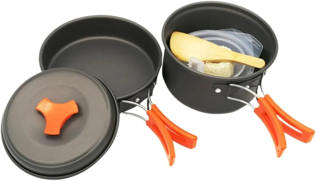Portable Camping Cookware Set 8 Pieces Pots Pans Bowl Spoons Lid for 1-2 People Compact Barbecue Cutlery Set for Hiking