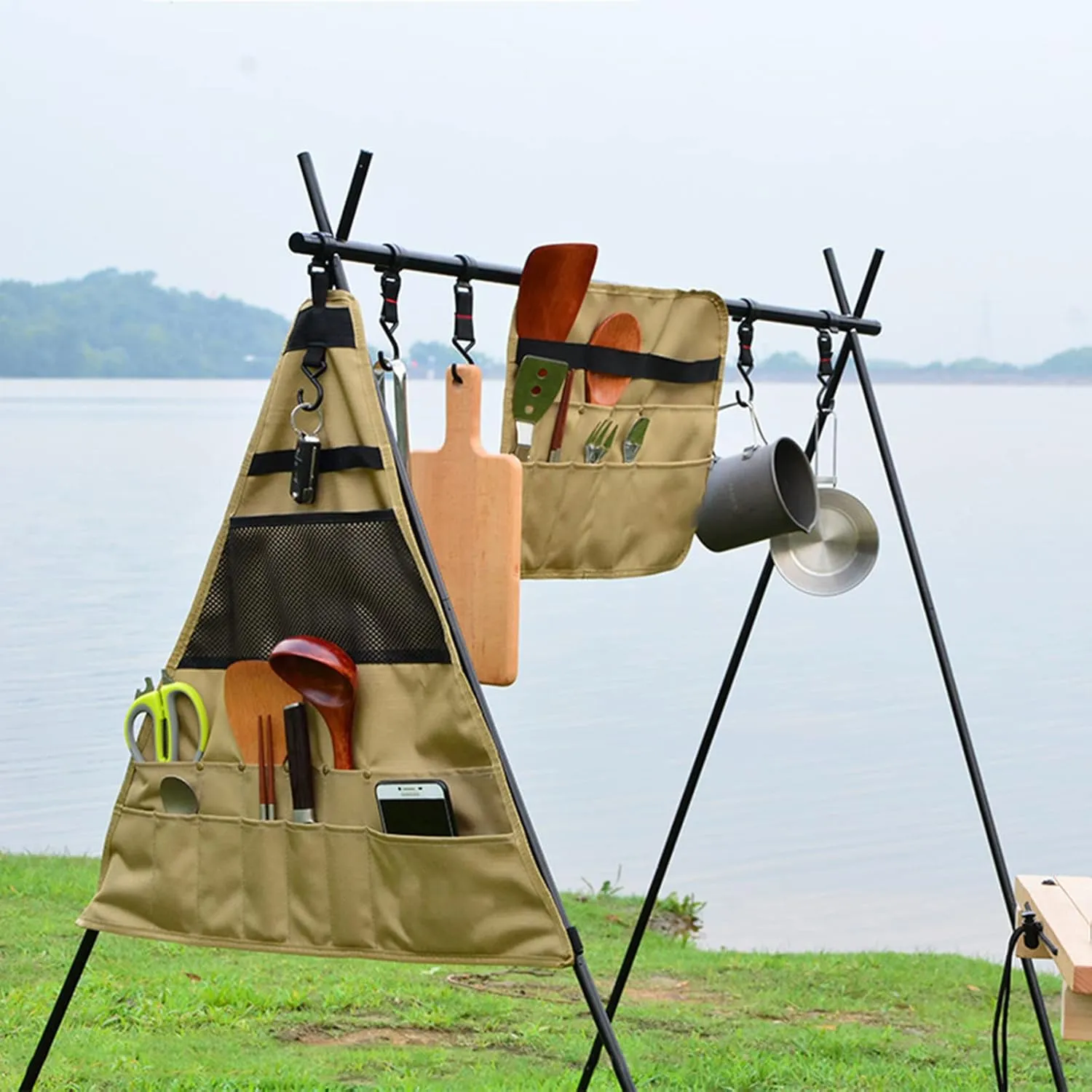 Portable Camping Kitchen Cookware Set Travel Storage Bag - Khaki S