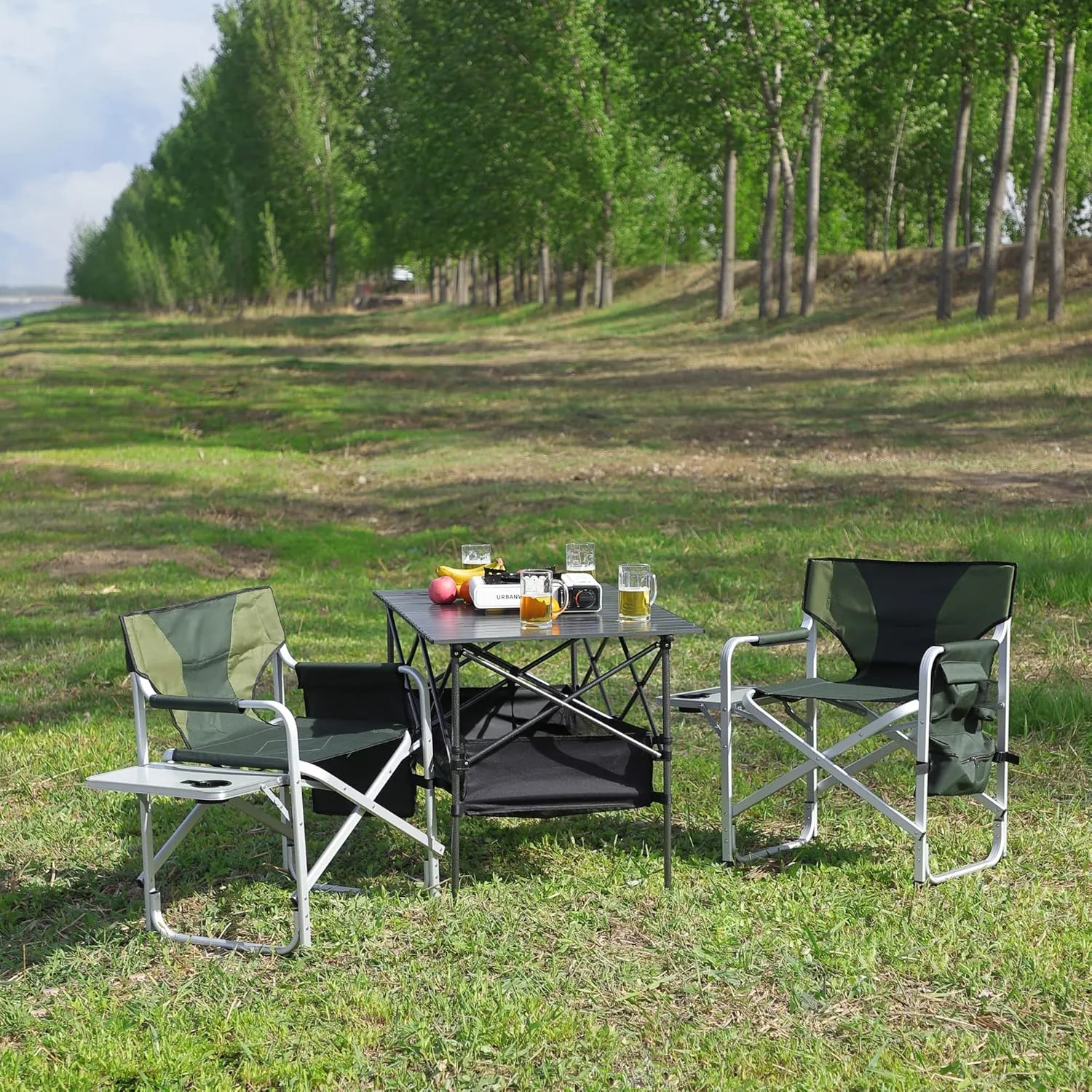 Portable Camping Table and Chairs Set, Height Adjustable Roll-up Table, Metal Frame, for Outdoor Picnic, BBQ, Beach (Set of 3   Black B)