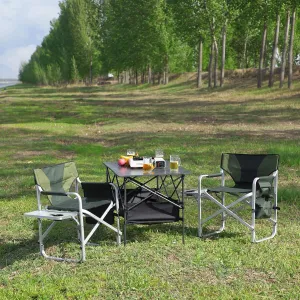 Portable Camping Table and Chairs Set, Height Adjustable Roll-up Table, Metal Frame, for Outdoor Picnic, BBQ, Beach (Set of 3   Black B)