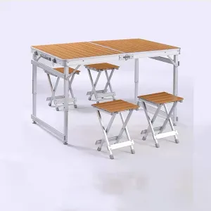 Portable Camping Table for 4 Camping, Folding Camping Table with Chairs Outdoor Folding Table Adjustable Height in 3 Levels for Outside Indoor Garden Backyard Use(Natural)