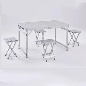 Portable Camping Table for 4 Camping, Folding Camping Table with Chairs Outdoor Folding Table Adjustable Height in 3 Levels for Outside Indoor Garden Backyard Use(Silver)