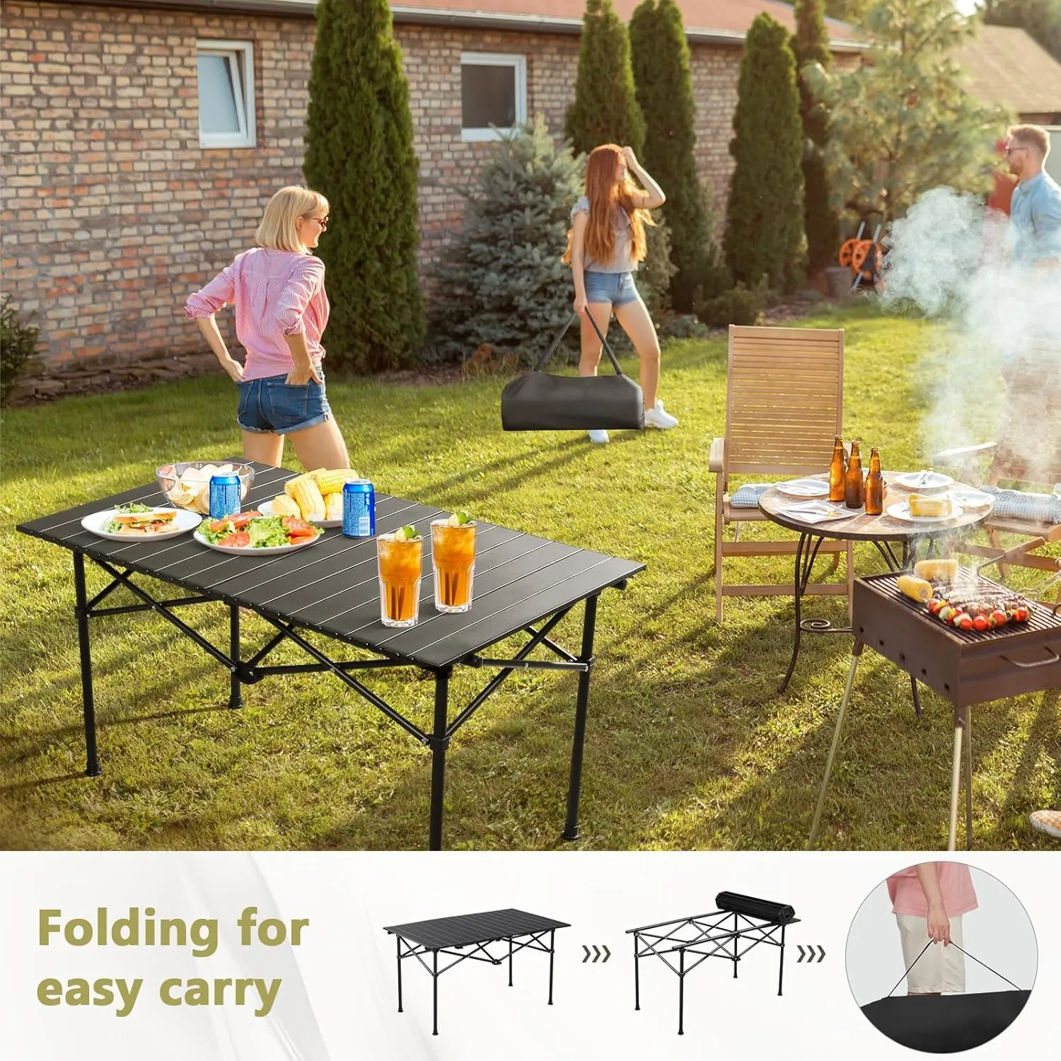 Portable Folding Camping Table, Roll-Up Aluminum Table with Carry Bag, Compact and Lightweight Design for Beach, Travel, and Outdoor Cooking Black 95×55×50cm/37×21×19.7in