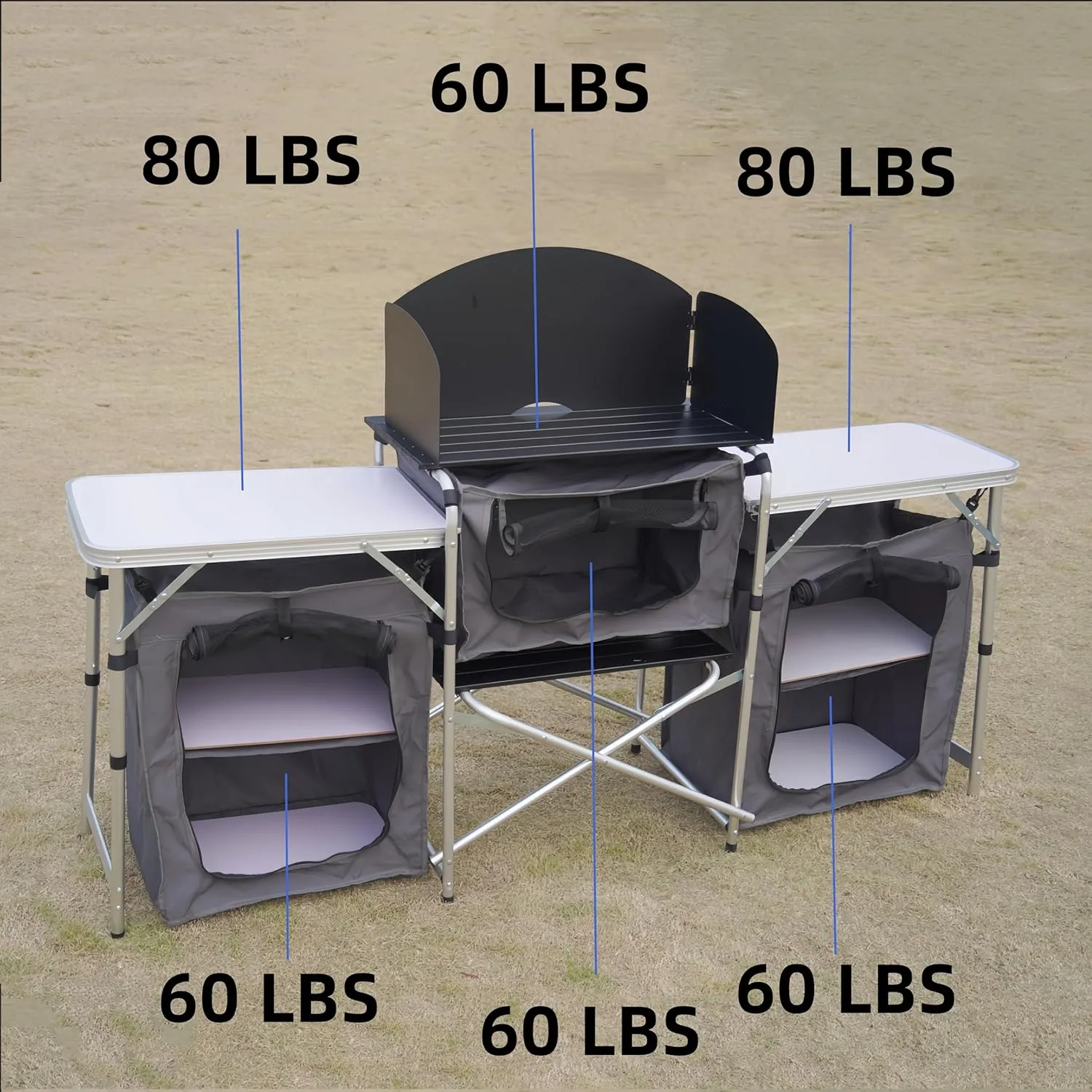 Portable Kitchen Camping Table with Storage Aluminum Picnic Table Folding Table Outdoor Cooking Station with Windscreen Cupboards for BBQ, Party, Outdoor Cooking Grey