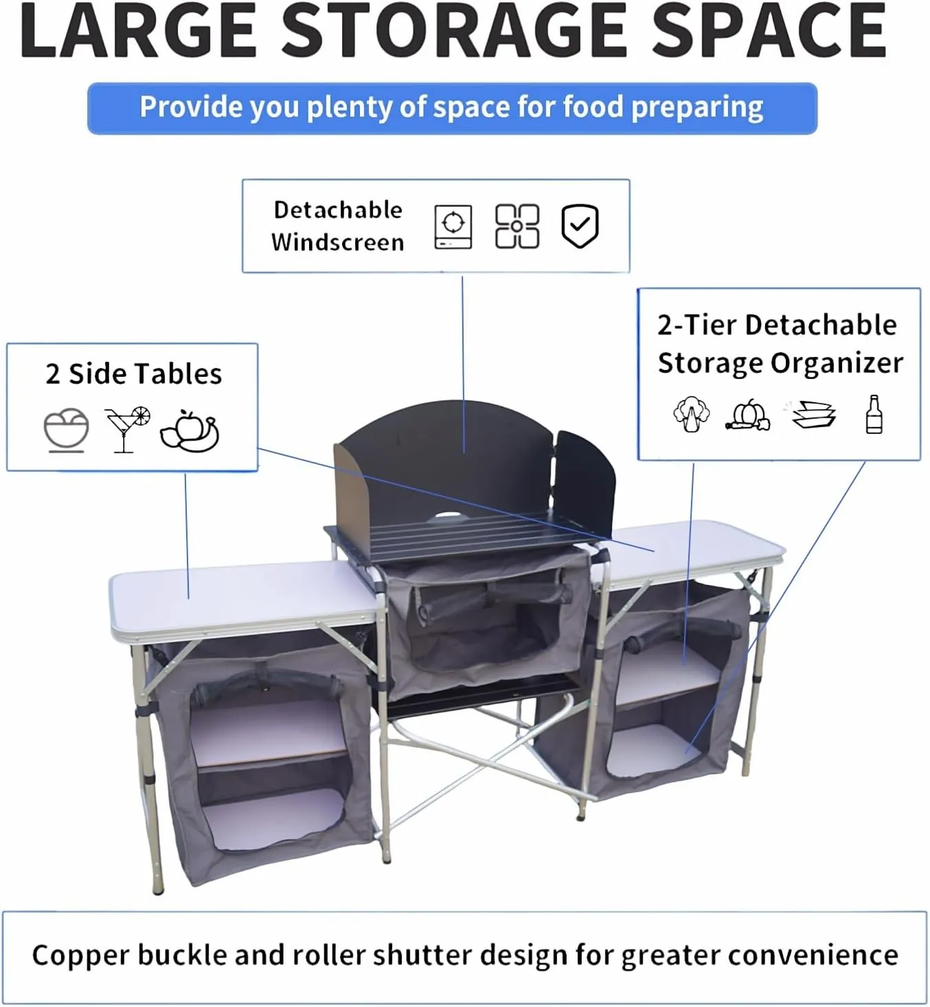 Portable Kitchen Camping Table with Storage Aluminum Picnic Table Folding Table Outdoor Cooking Station with Windscreen Cupboards for BBQ, Party, Outdoor Cooking Grey