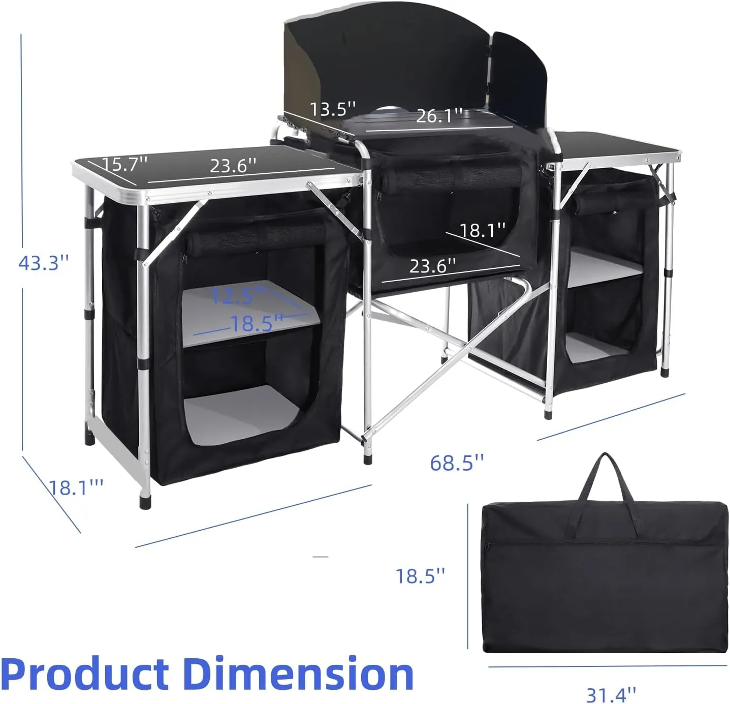 Portable Kitchen Camping Table with Storage Aluminum Picnic Table Folding Table Outdoor Cooking Station with Windscreen Cupboards for BBQ, Party, Outdoor Cooking Grey