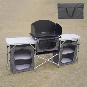 Portable Kitchen Camping Table with Storage Aluminum Picnic Table Folding Table Outdoor Cooking Station with Windscreen Cupboards for BBQ, Party, Outdoor Cooking Grey