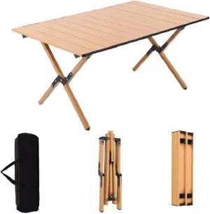 Portable Picnic Table, Folding Camping Table Picnic Table with Carry Bag, Wooden Picnic Table Foldable, Adjustable Height Roll Up Folding Wooden Table Indoor Outdoor Camping, BBQ