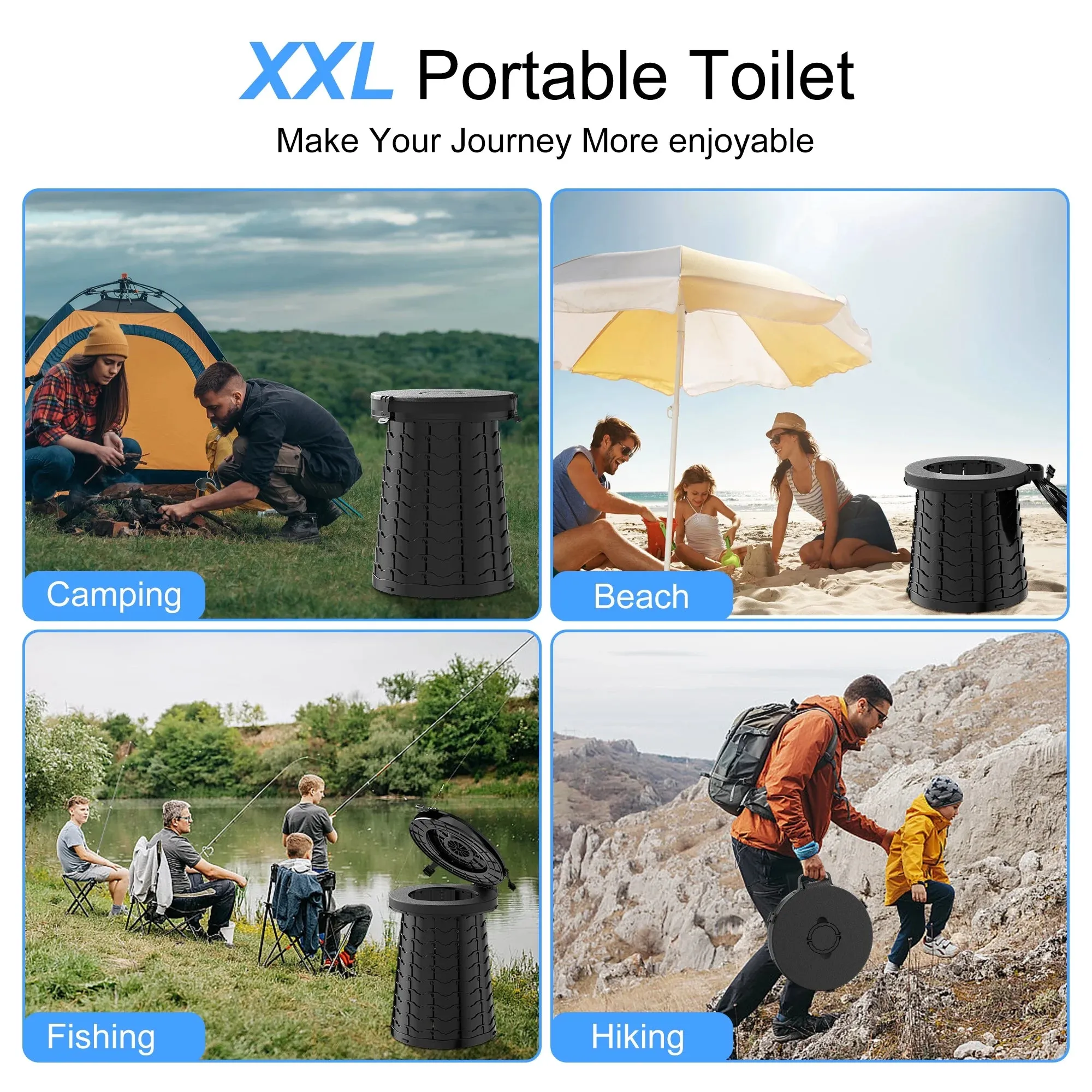 Portable Toilet - 380lb Capacity Adjustable Height Camping & Bug-Out Toilet