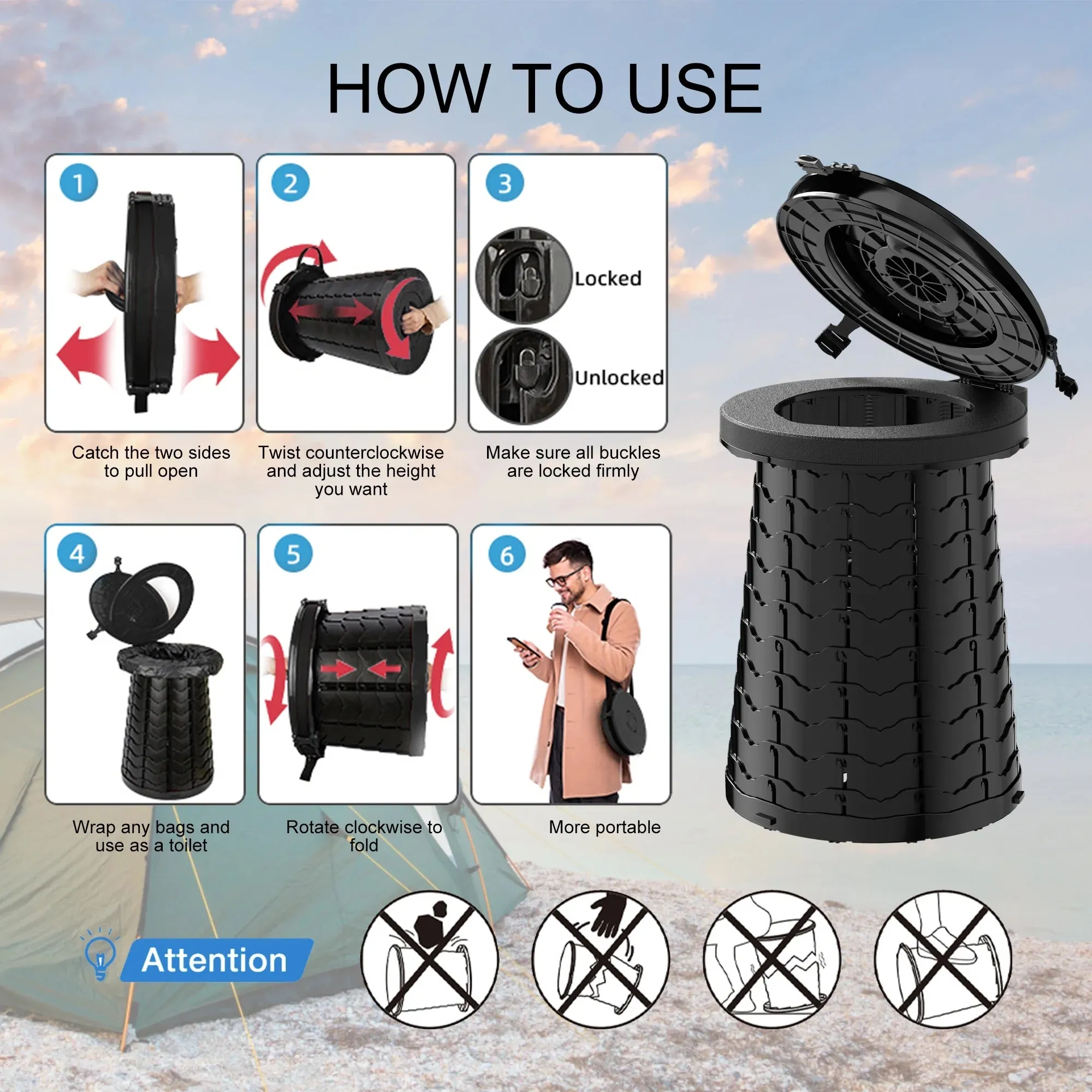 Portable Toilet - 380lb Capacity Adjustable Height Camping & Bug-Out Toilet