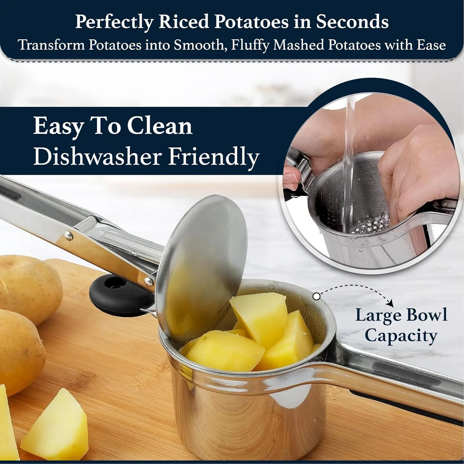 Potato Ricer - Stainless Steel Potatoes Masher and Slicer for Mashed Potatoes, Potato Peeler Multi Functional Instant Mashed Potatoes, Waffle Fries, Hash Browns and French Fries (Black)