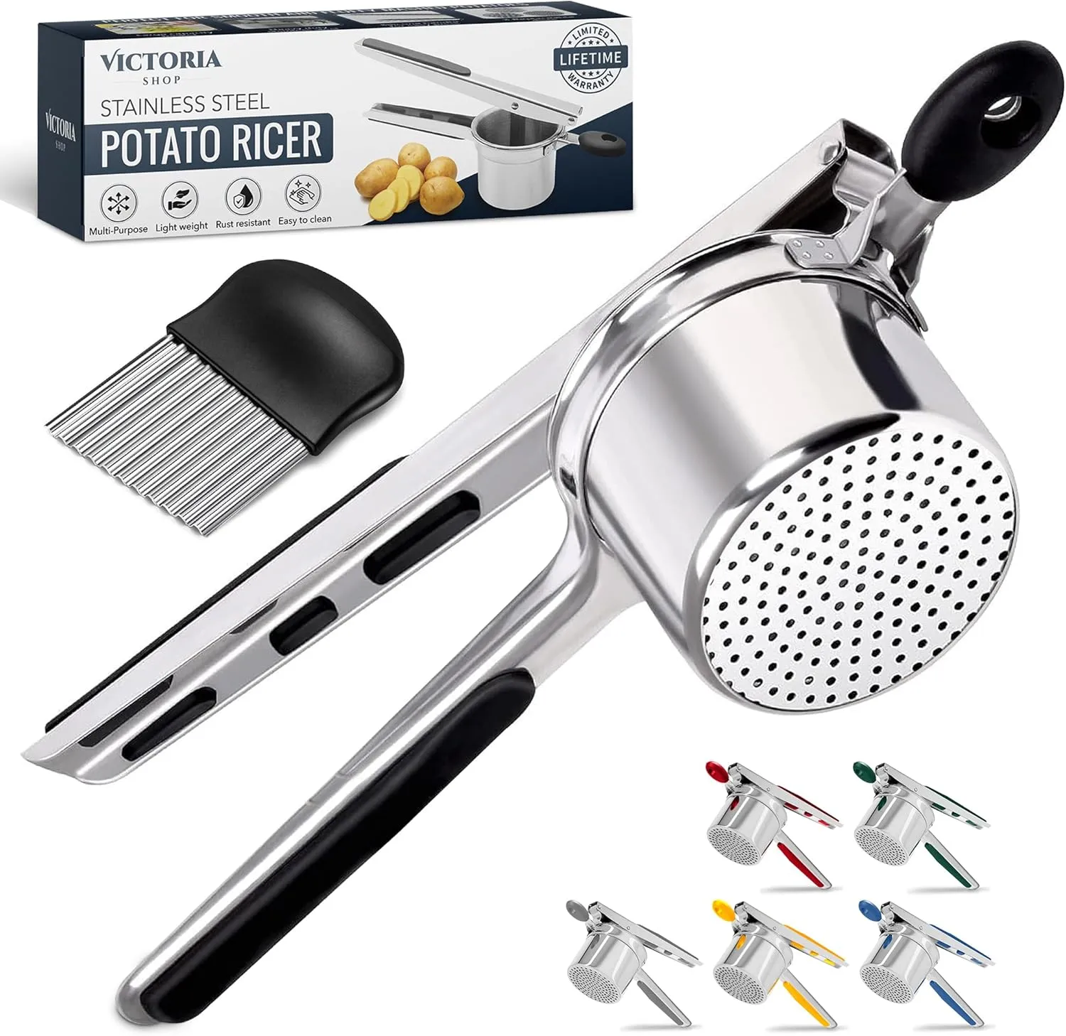 Potato Ricer - Stainless Steel Potatoes Masher and Slicer for Mashed Potatoes, Potato Peeler Multi Functional Instant Mashed Potatoes, Waffle Fries, Hash Browns and French Fries (Black)