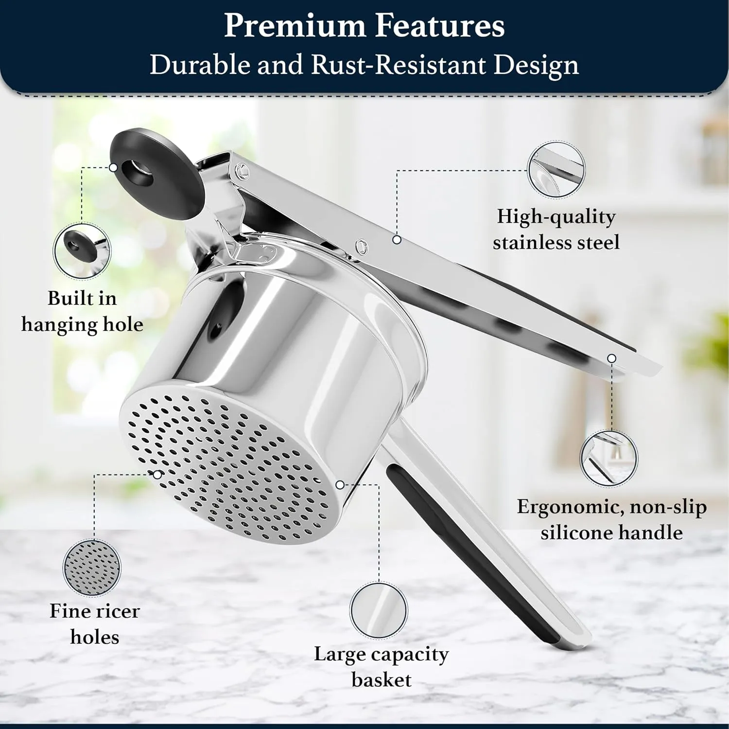 Potato Ricer - Stainless Steel Potatoes Masher and Slicer for Mashed Potatoes, Potato Peeler Multi Functional Instant Mashed Potatoes, Waffle Fries, Hash Browns and French Fries (Black)