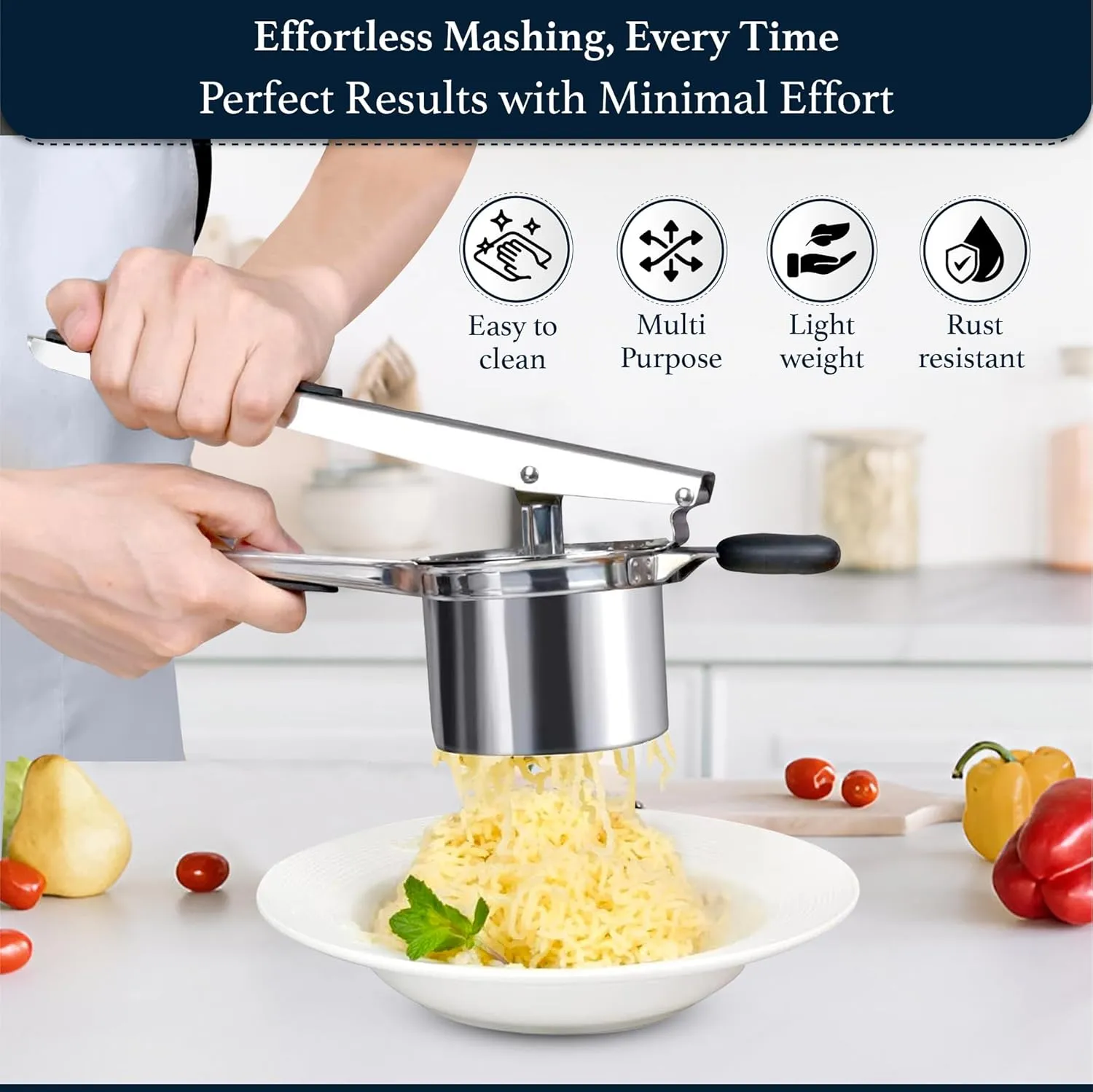 Potato Ricer - Stainless Steel Potatoes Masher and Slicer for Mashed Potatoes, Potato Peeler Multi Functional Instant Mashed Potatoes, Waffle Fries, Hash Browns and French Fries (Black)