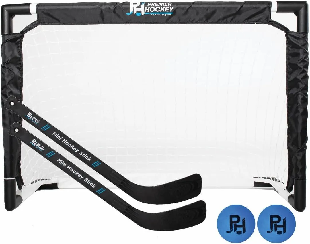 Premier Sports – Knee Hockey Set – Complete 2-Player Indoor Kit with (1) Mini Goal, (2) Mini Sticks, and (2) Mini Foam Balls