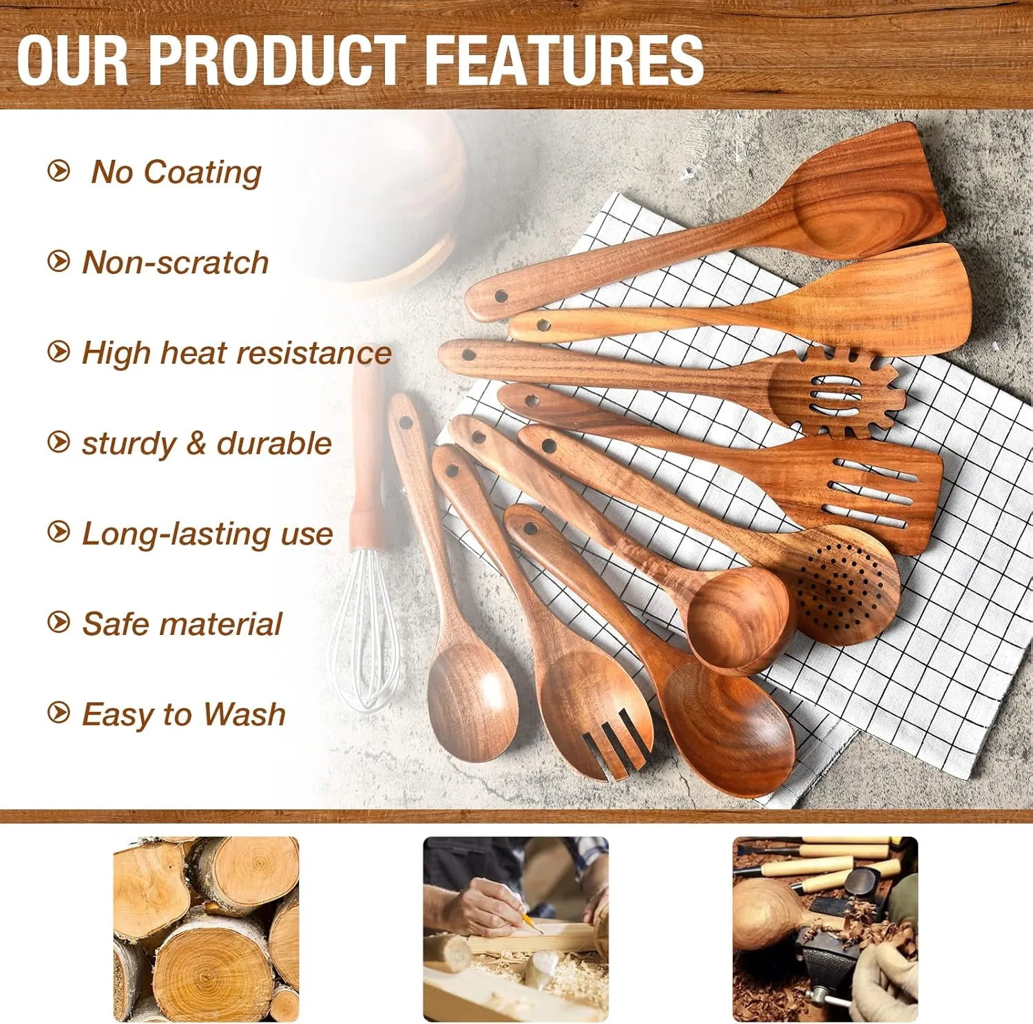 Premium Teak Wood Spoon for Cooking- 10-Piece Non-Stick Wooden Kitchen Utensil Set, Heat-Resistant Wooden Spoons, Ladle, Turner, with 7 Stainless Steel Hooks for Organization