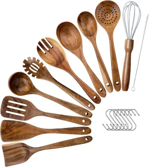 Premium Teak Wood Spoon for Cooking- 10-Piece Non-Stick Wooden Kitchen Utensil Set, Heat-Resistant Wooden Spoons, Ladle, Turner, with 7 Stainless Steel Hooks for Organization