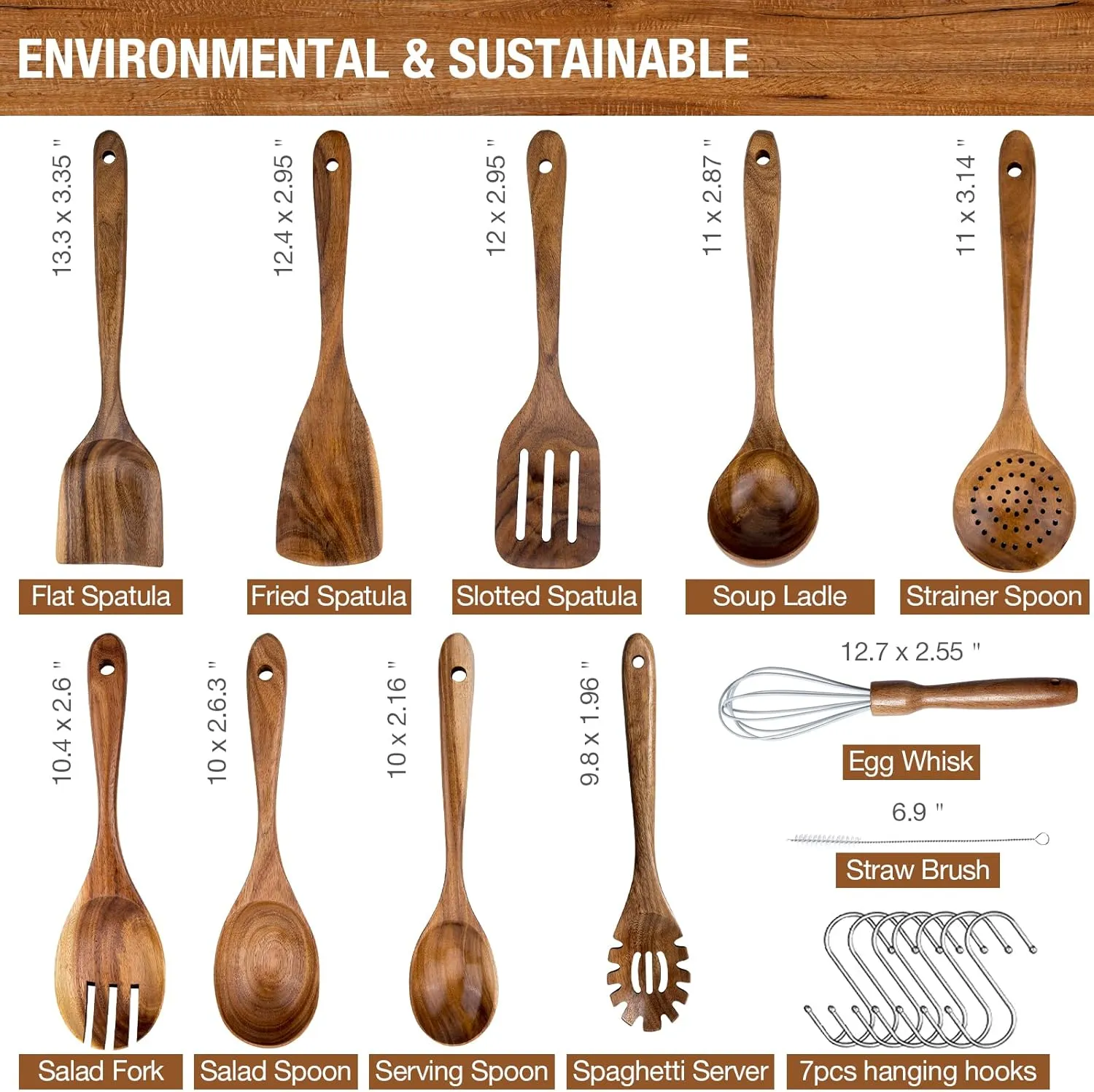 Premium Teak Wood Spoon for Cooking- 10-Piece Non-Stick Wooden Kitchen Utensil Set, Heat-Resistant Wooden Spoons, Ladle, Turner, with 7 Stainless Steel Hooks for Organization