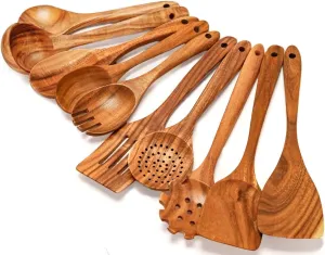 Premium Wooden Spoons for Cooking 10 Pcs Utensils Set - Teak Wood Spatulas & Spoons - Wooden Utensil Set for Nonstick Pans & Cookware - Sturdy Lightweight & Heat Resistant