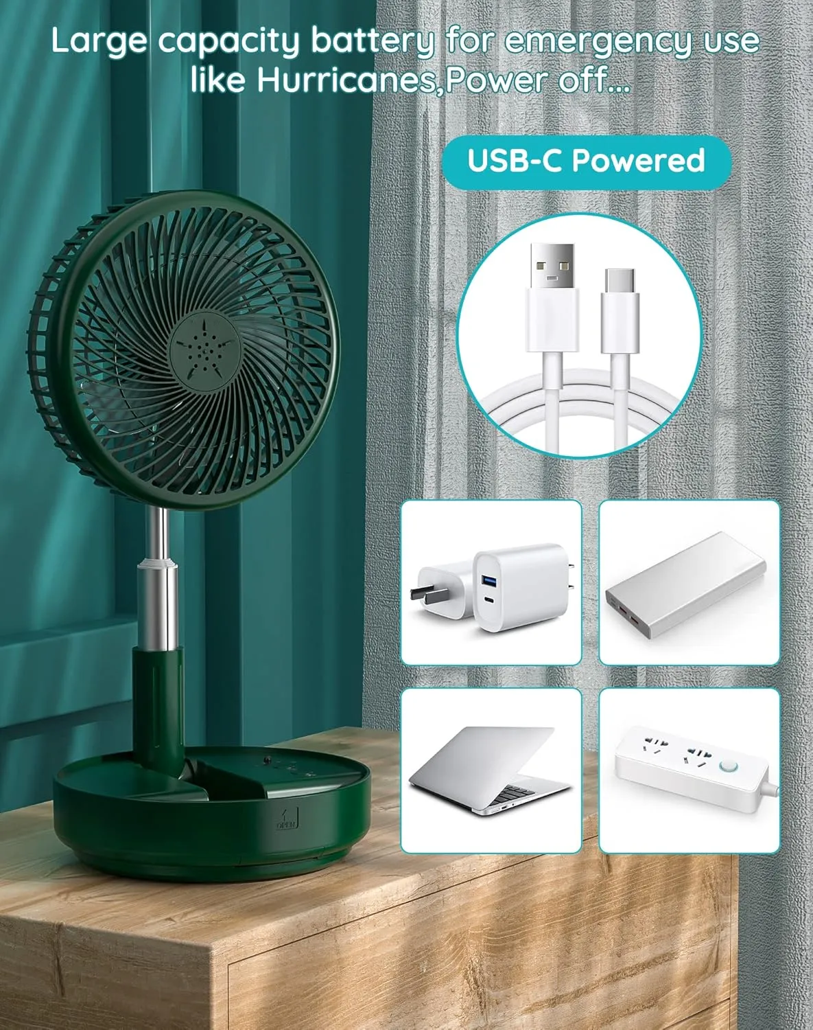 Primevolve Portable Oscillating Standing Fan,Rechargeable Battery Operated USB Floor Table Desk Fan with Remote, Bedroom Camping Travel Fans Green 7.7"